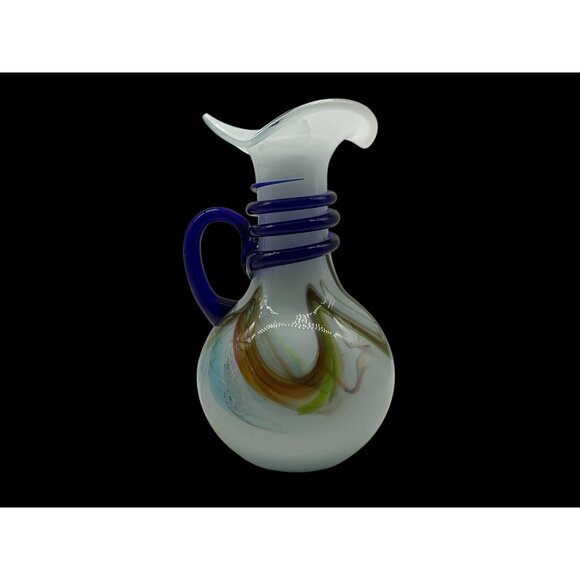 Murano Style Hand Blown Glass Pitcher With Cobalt Blue Rope And Handle Vintage - Picture 16 of 16